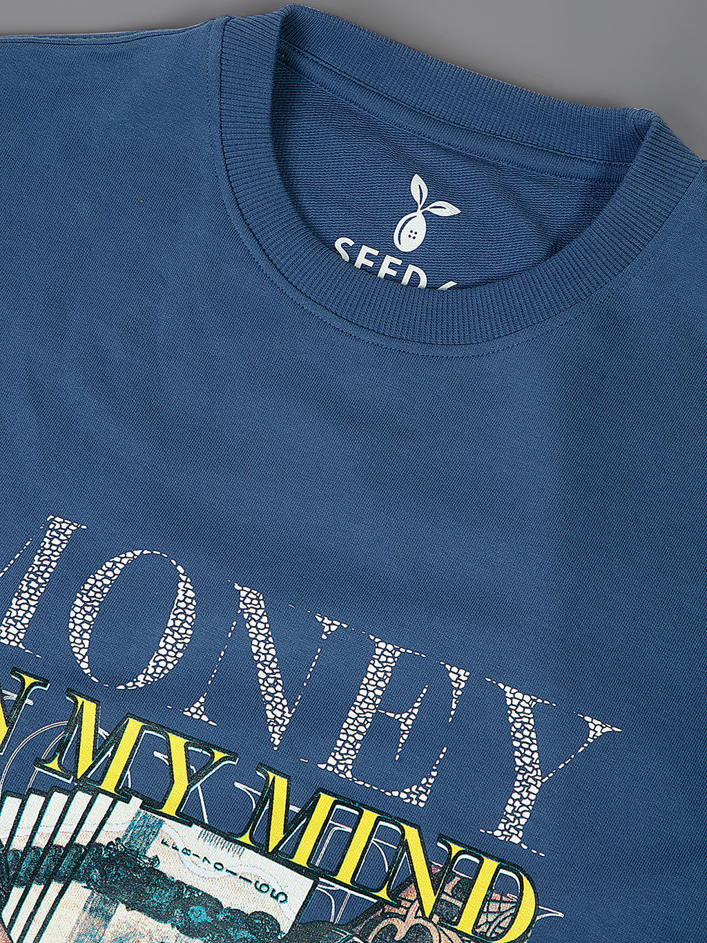 Round Neck Bold Streetwear Essential In Denim Blue - MONEY ON MY MIND