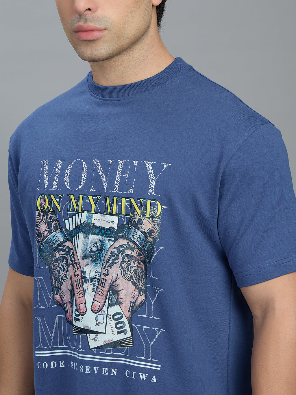 Round Neck Bold Streetwear Essential In Denim Blue - MONEY ON MY MIND