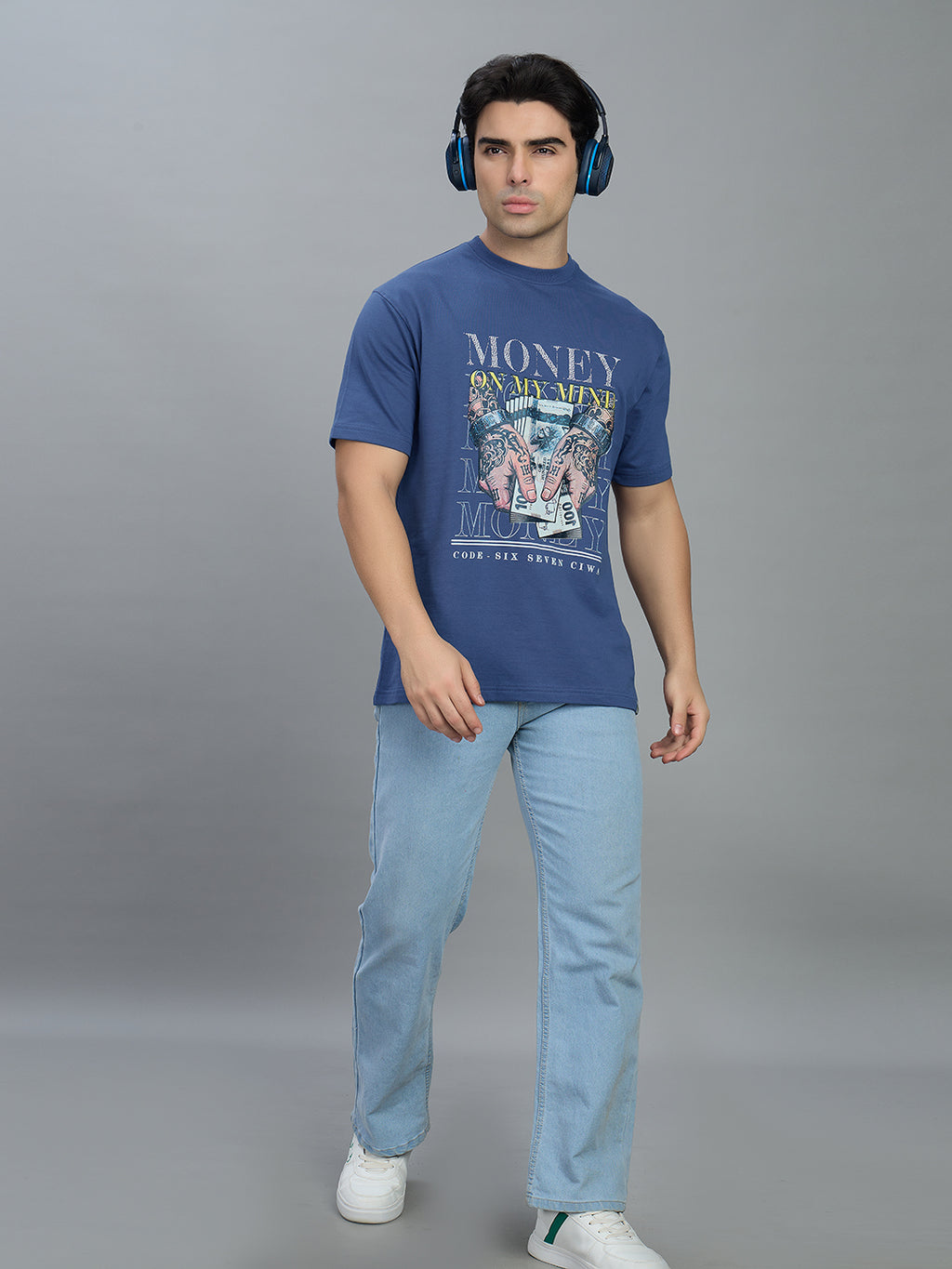 Round Neck Bold Streetwear Essential In Denim Blue - MONEY ON MY MIND