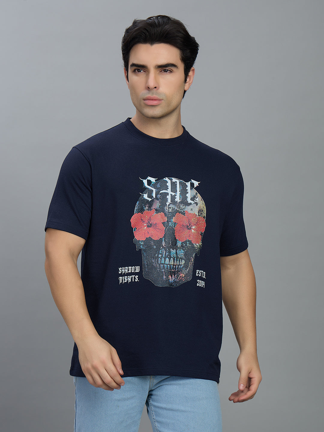 Round Neck Bold Streetwear Essential In Navy Blue - SKULL