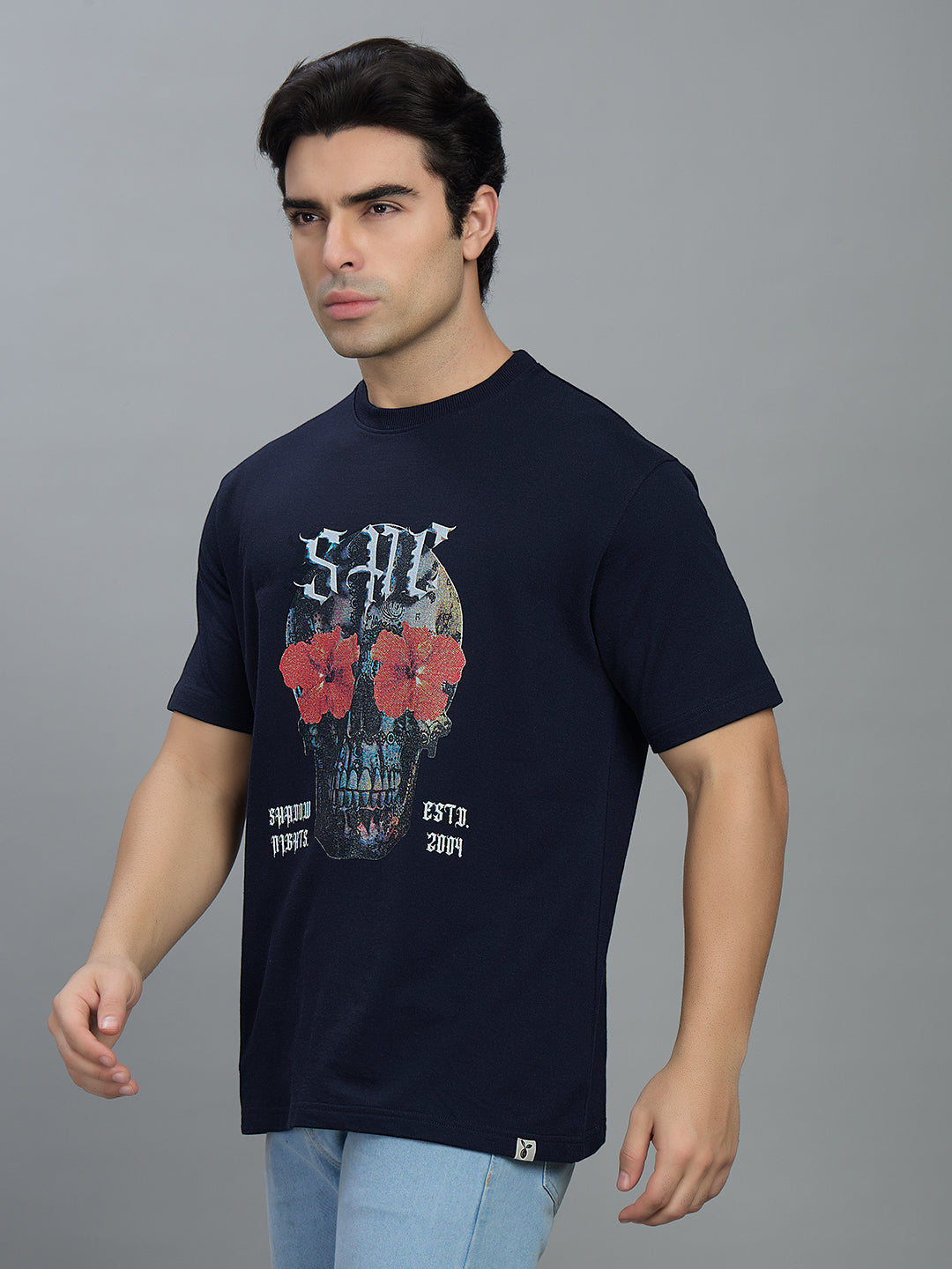 Round Neck Bold Streetwear Essential In Navy Blue - SKULL