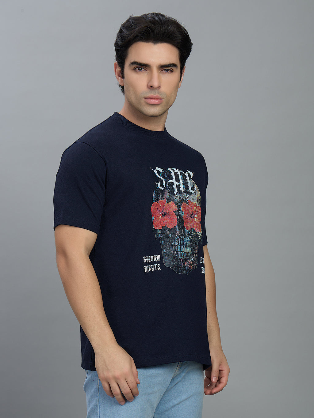 Round Neck Bold Streetwear Essential In Navy Blue - SKULL