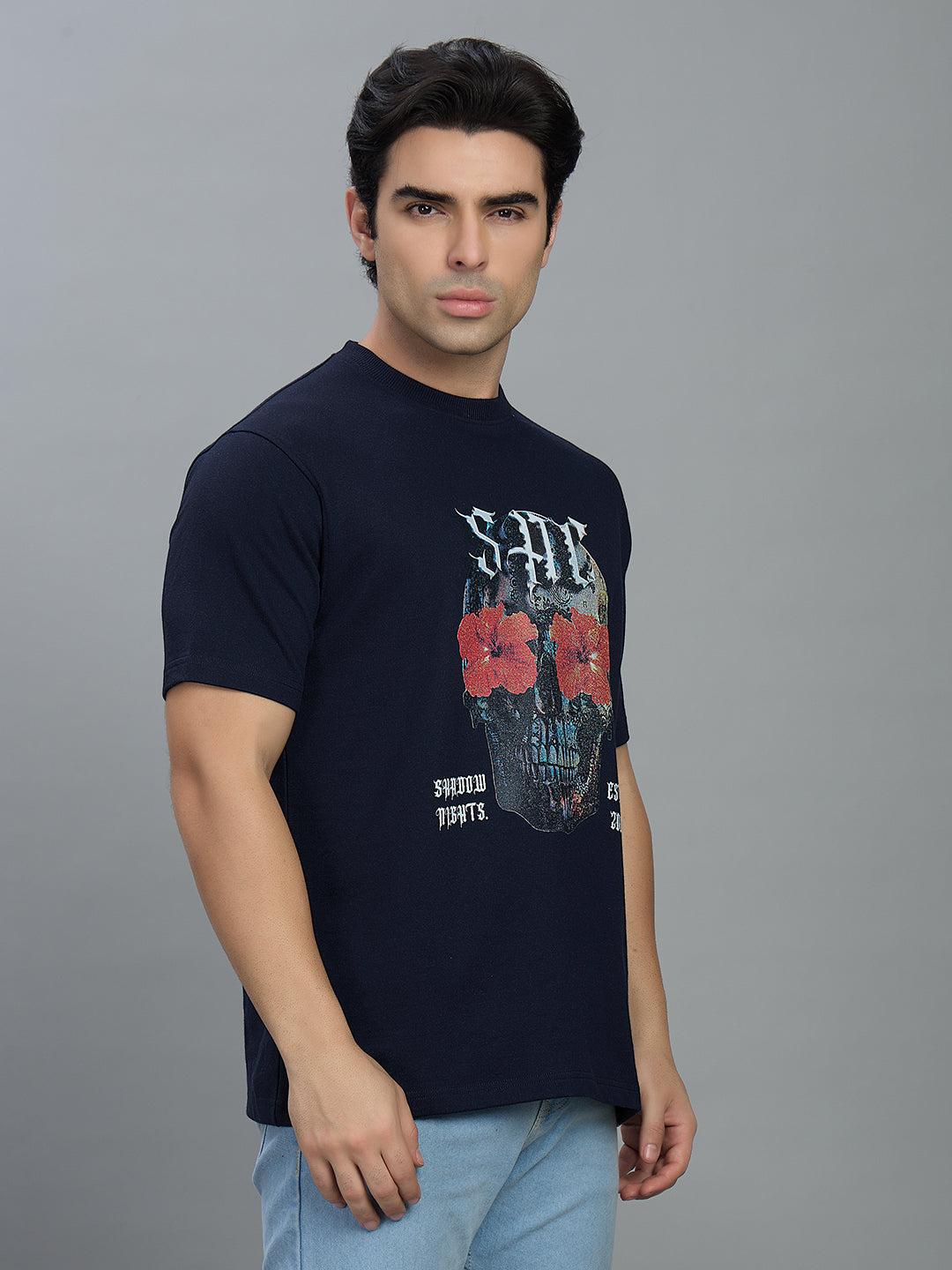 Round Neck Bold Streetwear Essential In Navy Blue - SKULL