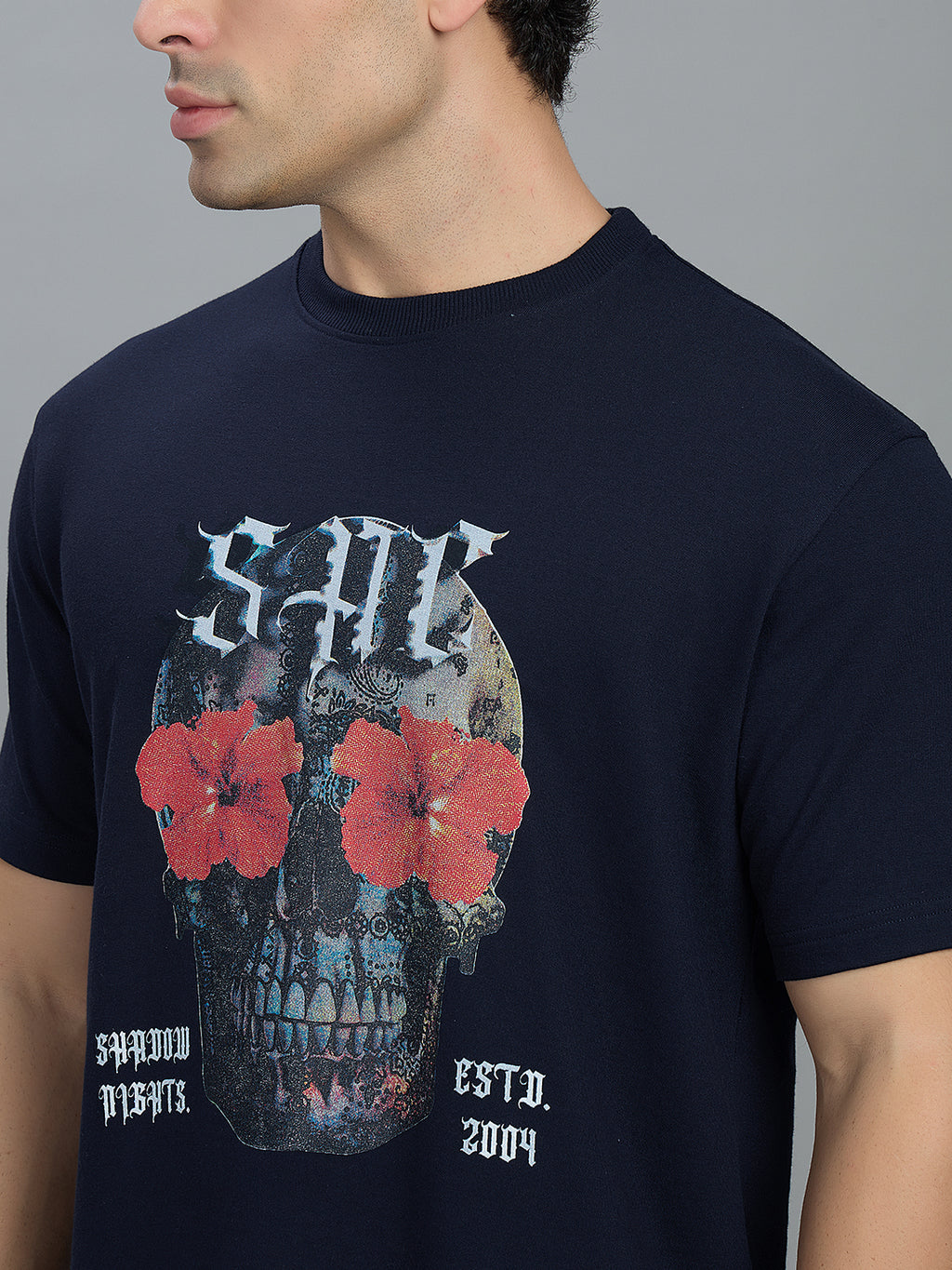 Round Neck Bold Streetwear Essential In Navy Blue - SKULL