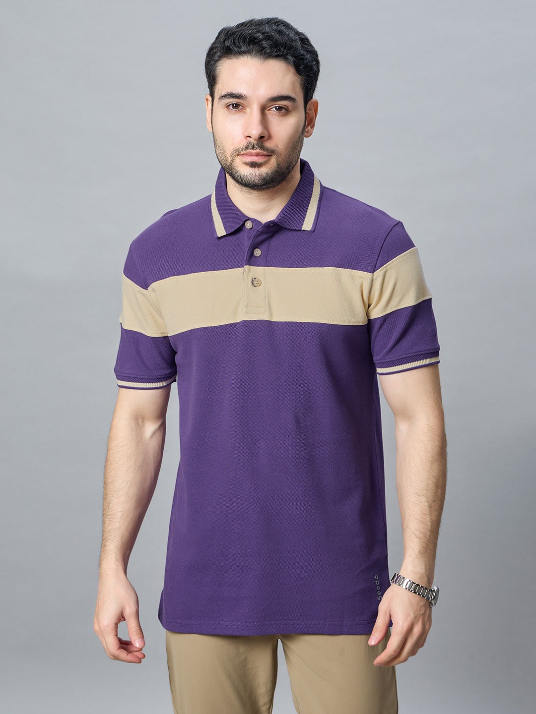 The Jacquard Polo in Purple with Irish cream