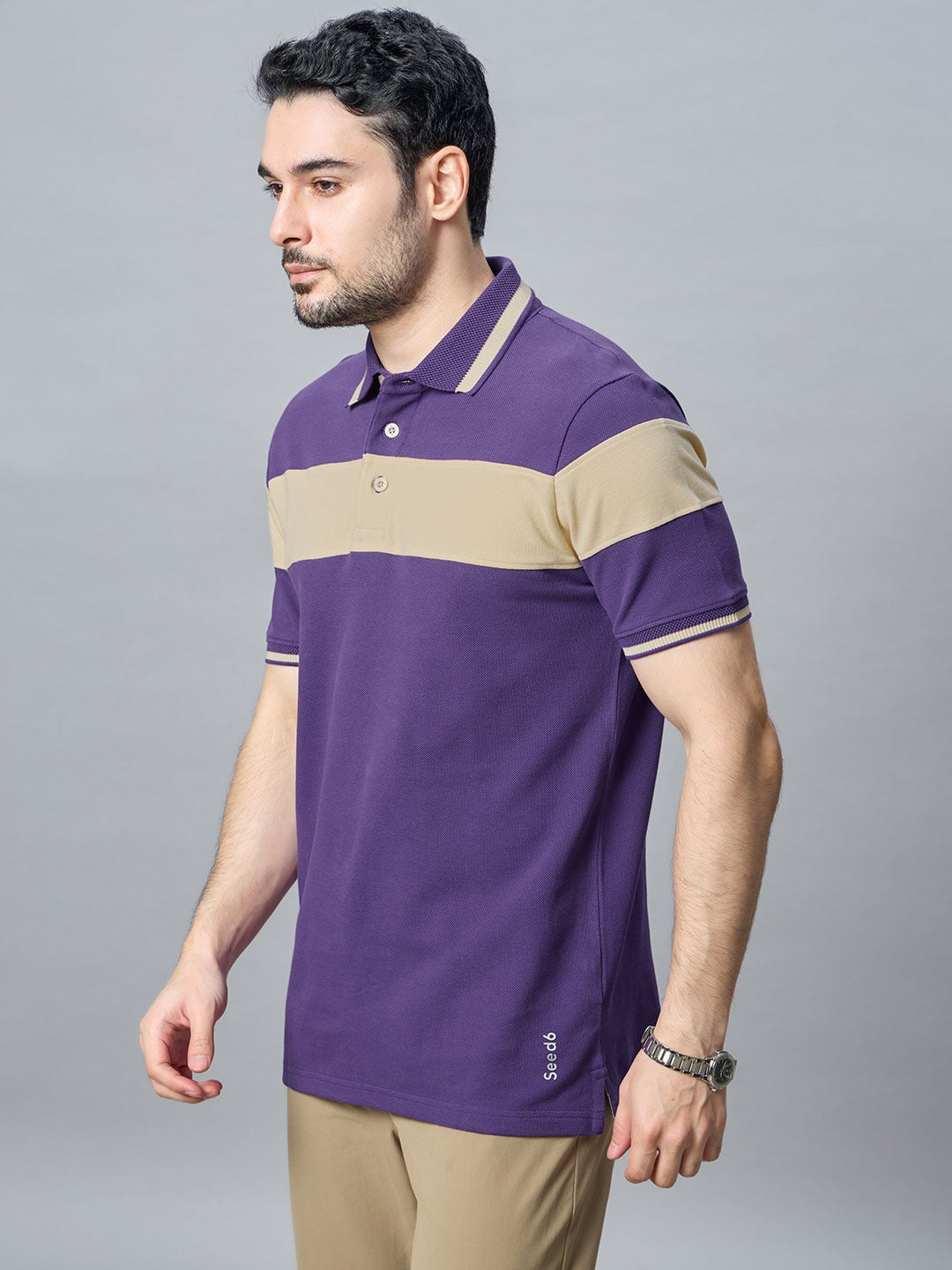 The Jacquard Polo in Purple with Irish cream